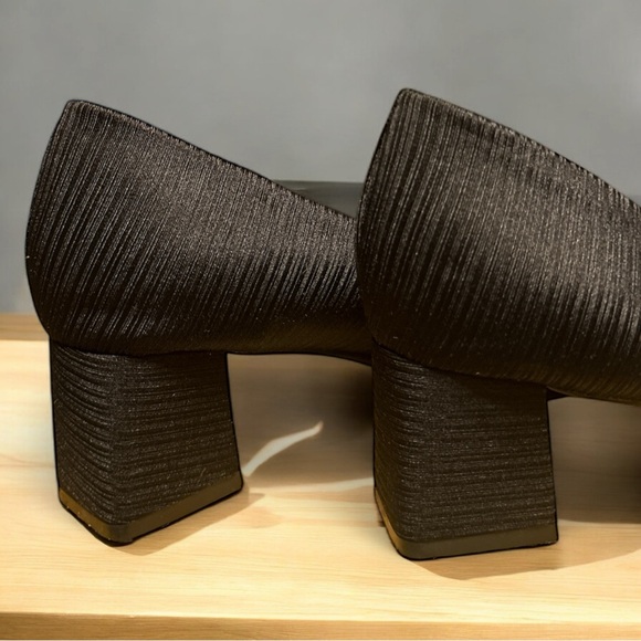 Elegant Black Formal Organza Bow Satin Textured Block Heel Evening Pumps Shoes - Picture 6 of 9